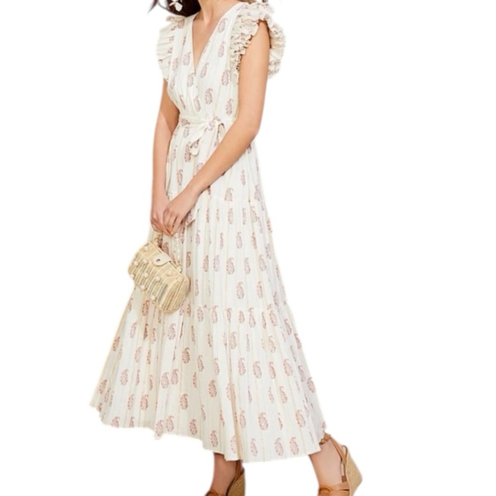 A Loves A Floral Ivory Metallic Ruffled Sleeve Tierd Maxi Dress Size XS NWT 📦